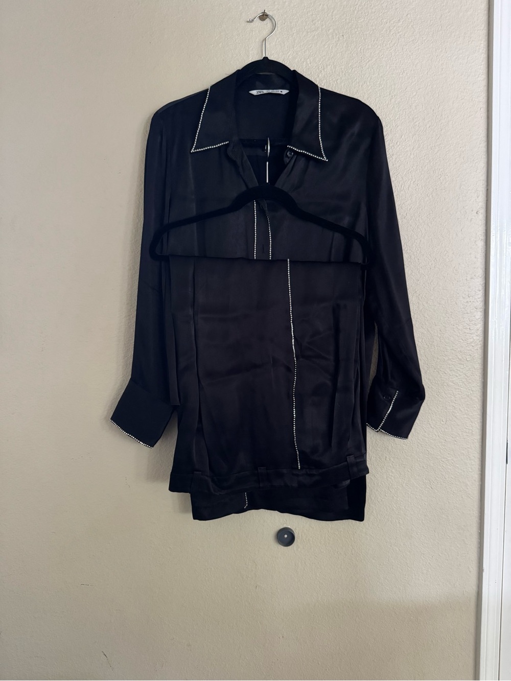 Zara Black Satin Button-Up Set with Crystal Trim